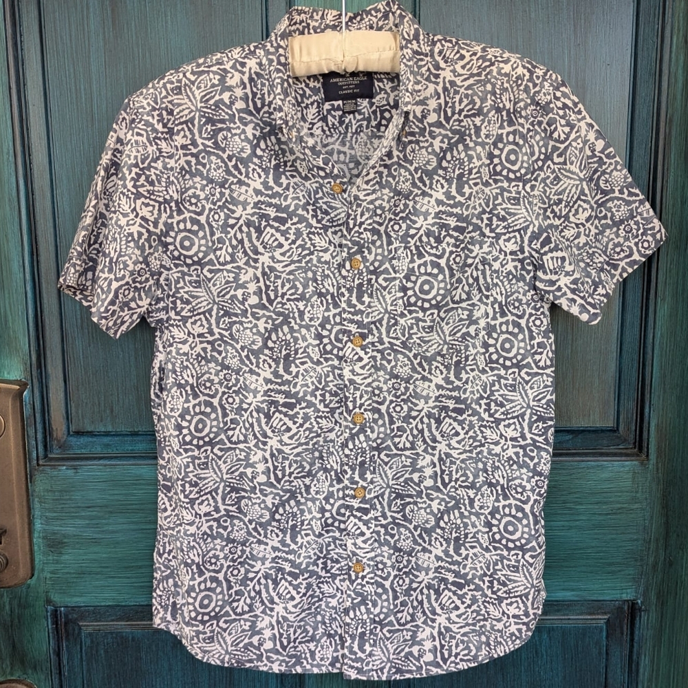 🔴 CLEARANCE AMERICAN EAGLE Coastal Tribal Inspired Hawaiian Mens Button Shirt